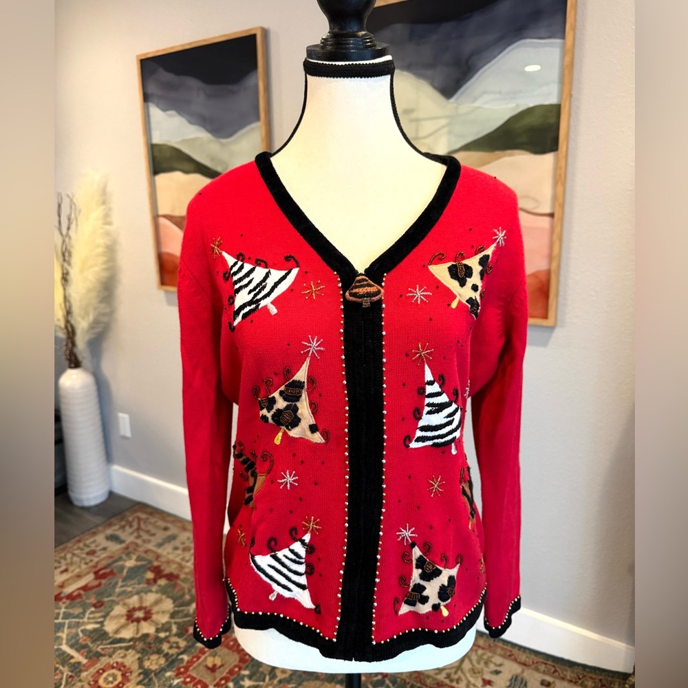 Berek Red Embroidered Patchwork Holiday Cardigan